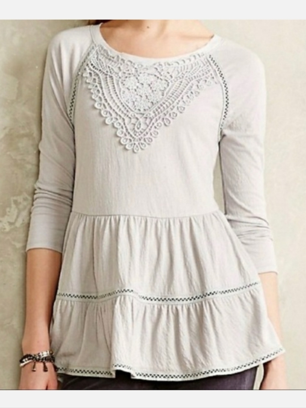 ​Anthropologie Meadow Rue Crochet Lace Tiered Tunic Top Gray Boho Medium